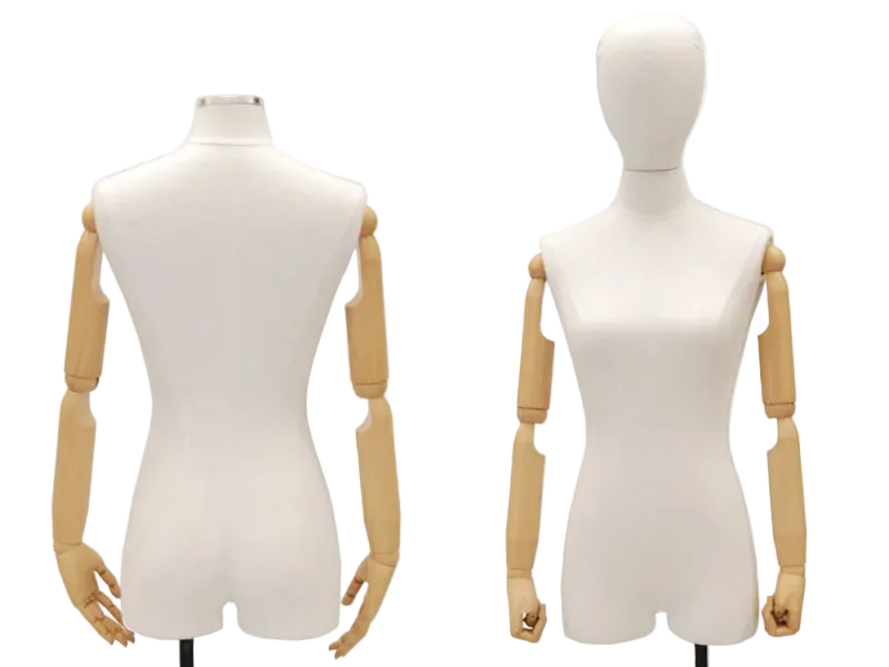 Back view of white linen female dress form with articulated arms