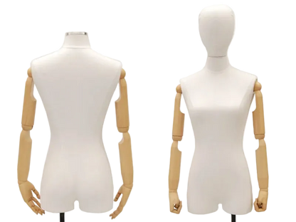 Back view of white linen female dress form with articulated arms
