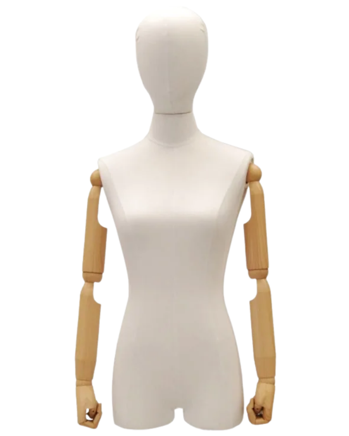 Pure white linen covered egghead female dress form with flexible wood-look arms