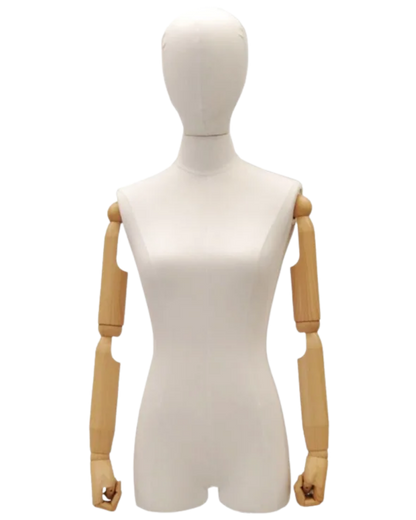 Pure white linen covered egghead female dress form with flexible wood-look arms