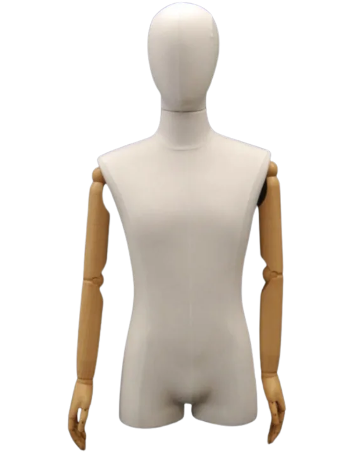 Pure white linen covered egghead male dress form with flexible wood-look arms