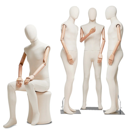 Set of white mannequins in various poses on a white background